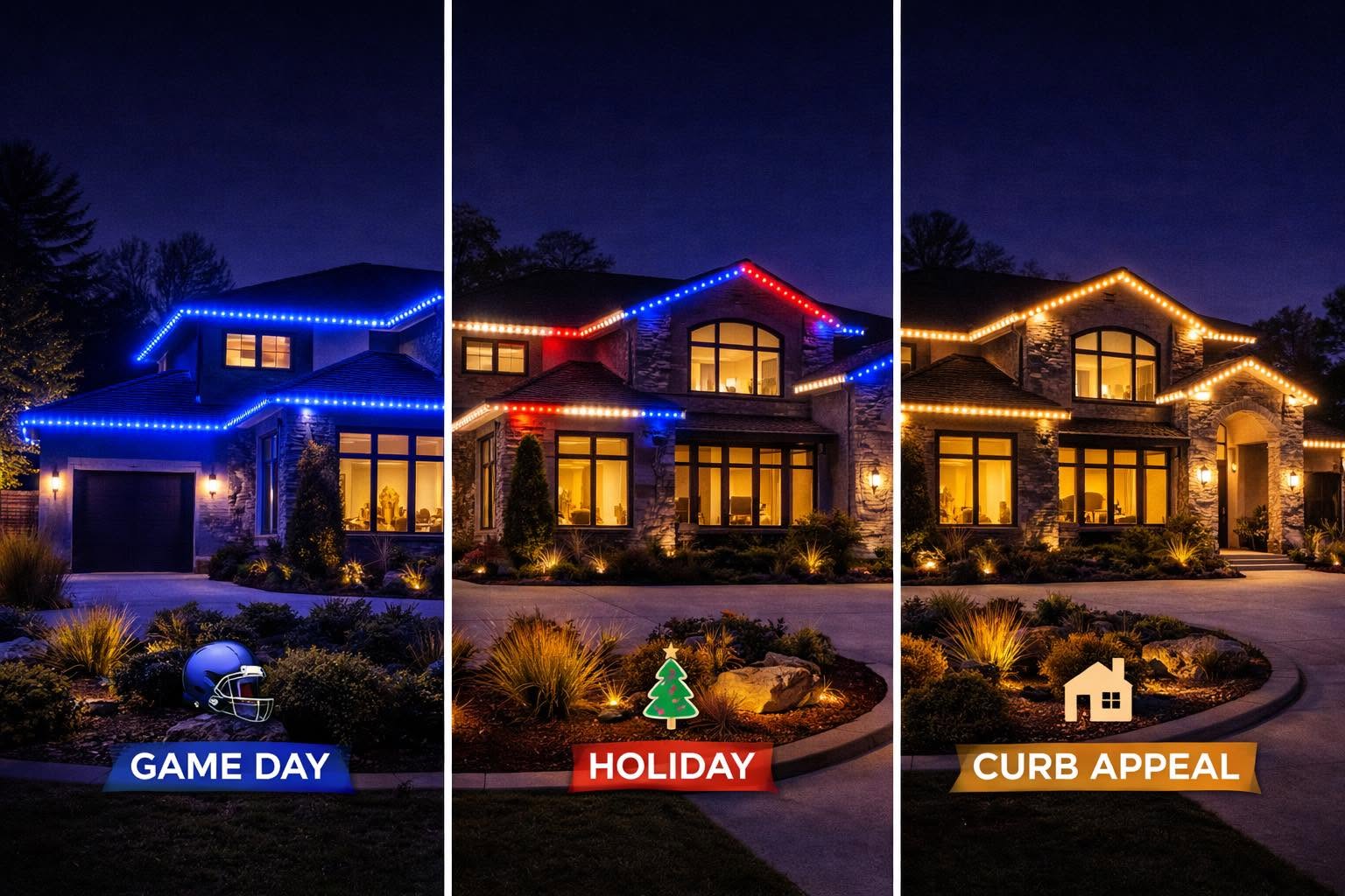 One home shown in game day, holiday, and everyday lighting