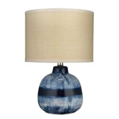 Small Batik Table Lamp - Indigo / Raffia